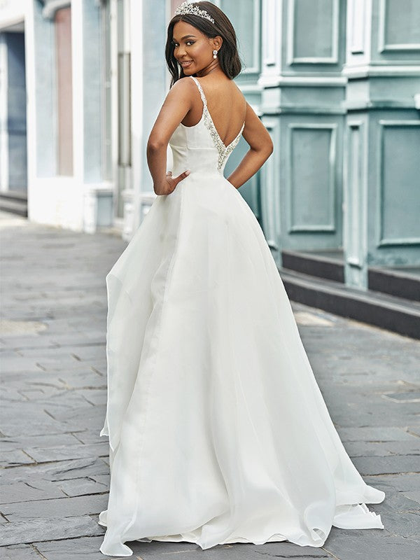 A-Line V-Neck Organza Sleeveless Train Wedding Dress - Chloe Dress