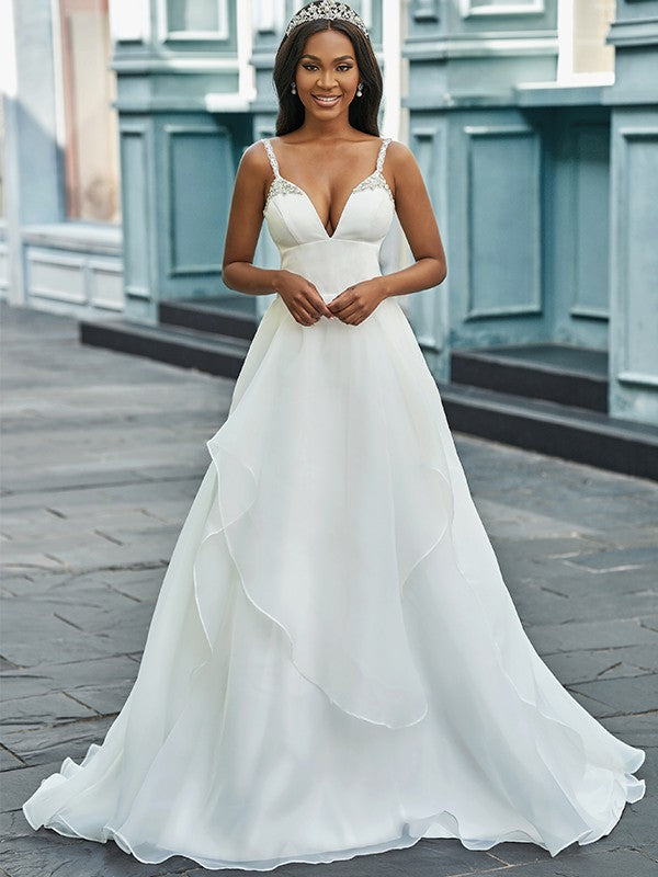 A-Line V-Neck Organza Sleeveless Train Wedding Dress - Chloe Dress