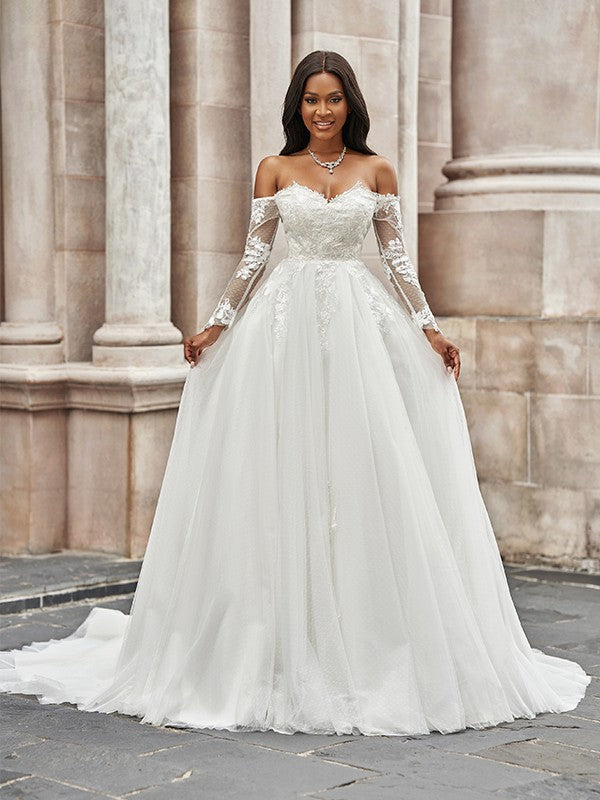 A-Line Tulle Long Sleeve Train Wedding Dress - Chloe Dress