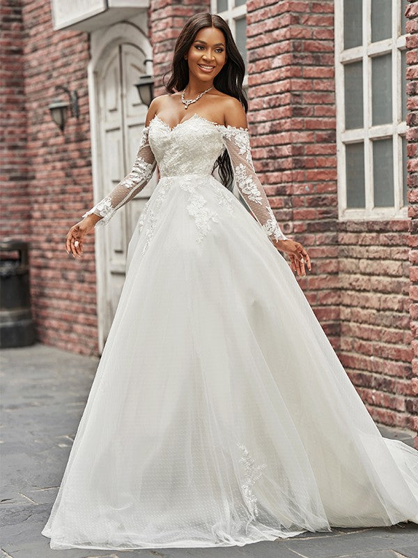 A-Line Tulle Long Sleeve Train Wedding Dress - Chloe Dress