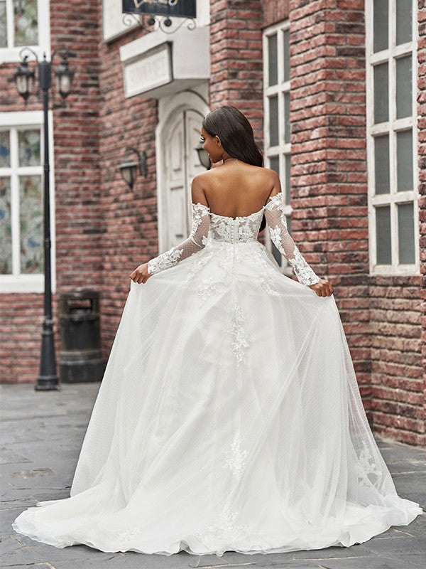 A-Line Tulle Long Sleeve Train Wedding Dress - Chloe Dress