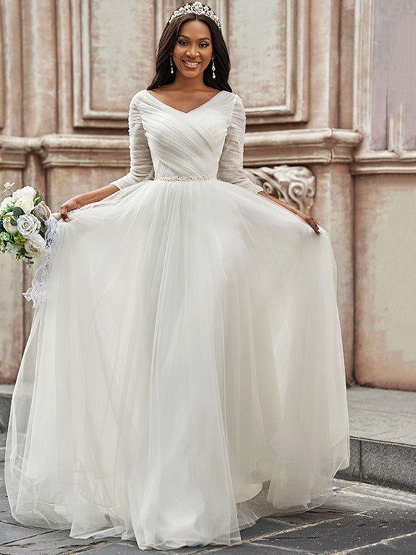 A-Line Sweetheart Tulle Three-Quarter Sleeve Train Wedding Dress - Chloe Dress