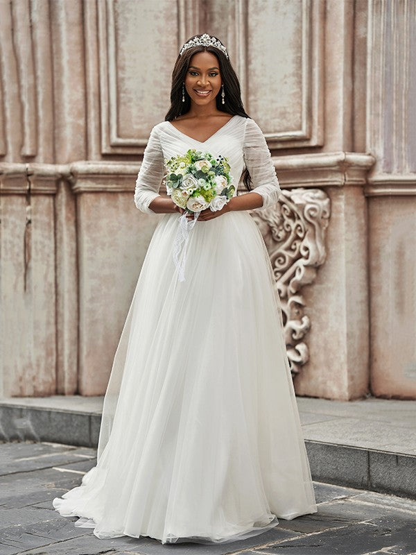 A-Line Sweetheart Tulle Three-Quarter Sleeve Train Wedding Dress - Chloe Dress