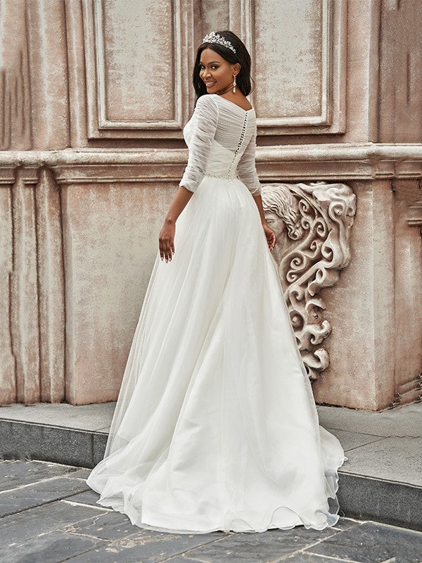 A-Line Sweetheart Tulle Three-Quarter Sleeve Train Wedding Dress - Chloe Dress