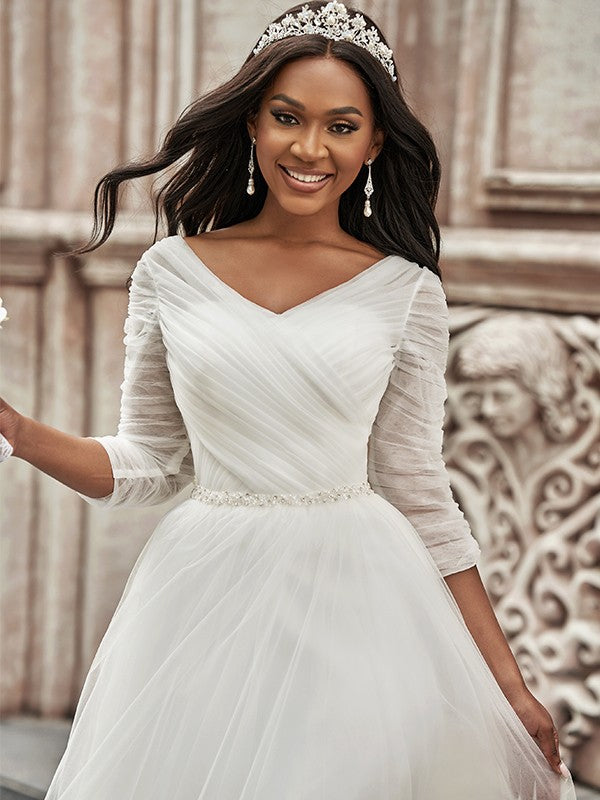A-Line Sweetheart Tulle Three-Quarter Sleeve Train Wedding Dress - Chloe Dress