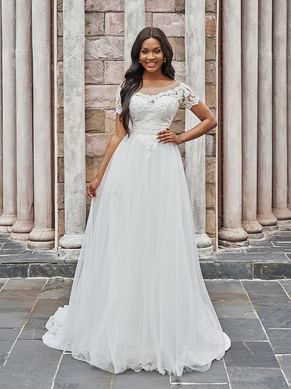 A-Line Tulle Short Sleeve Train Mini Wedding Dress - Chloe Dress