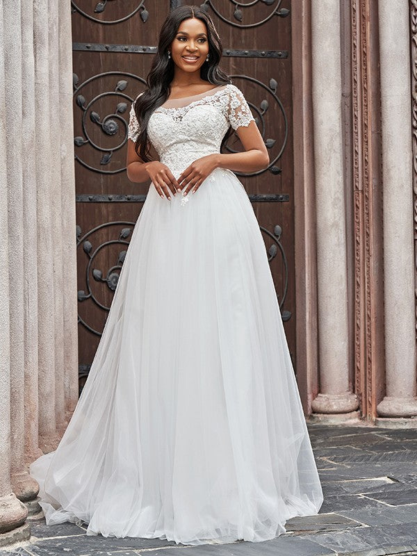 A-Line Tulle Short Sleeve Train Mini Wedding Dress - Chloe Dress