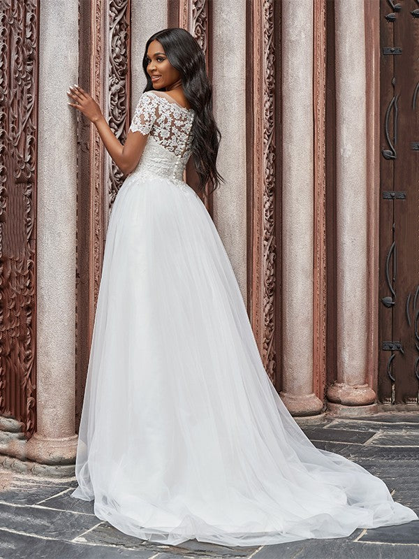 A-Line Tulle Short Sleeve Train Mini Wedding Dress - Chloe Dress