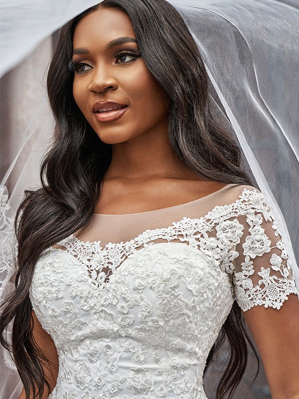A-Line Tulle Short Sleeve Train Mini Wedding Dress - Chloe Dress