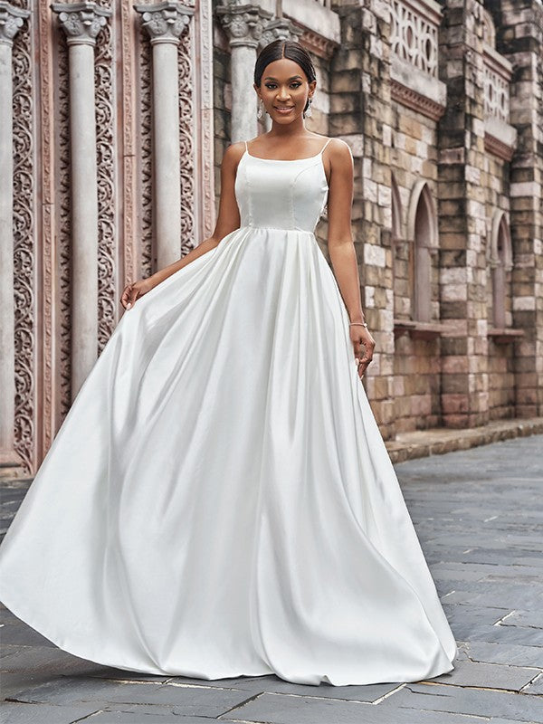 A-Line Spaghetti Strap Satin Sleeveless Ruffled Wedding Dress - Chloe Dress