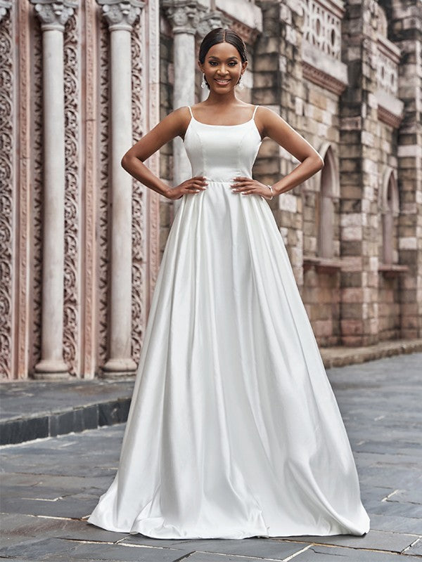A-Line Spaghetti Strap Satin Sleeveless Ruffled Wedding Dress - Chloe Dress