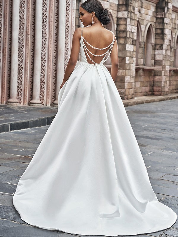 A-Line Spaghetti Strap Satin Sleeveless Ruffled Wedding Dress - Chloe Dress