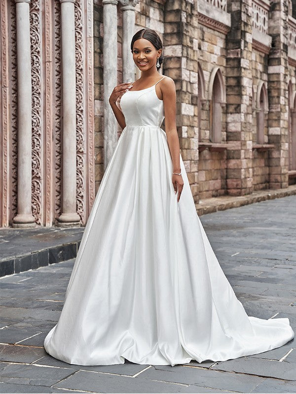A-Line Spaghetti Strap Satin Sleeveless Ruffled Wedding Dress - Chloe Dress