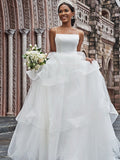 A-Line Spaghetti Strap Tulle Sleeveless Ruffled Wedding Dress - Chloe Dress