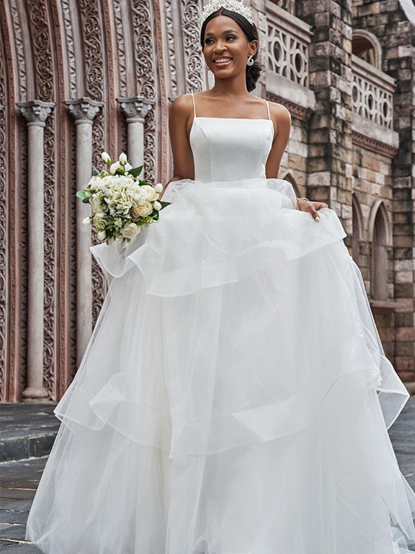 A-Line Spaghetti Strap Tulle Sleeveless Ruffled Wedding Dress - Chloe Dress