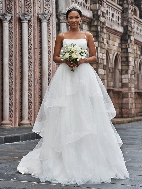 A-Line Spaghetti Strap Tulle Sleeveless Ruffled Wedding Dress - Chloe Dress