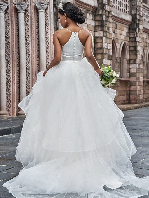 A-Line Spaghetti Strap Tulle Sleeveless Ruffled Wedding Dress - Chloe Dress