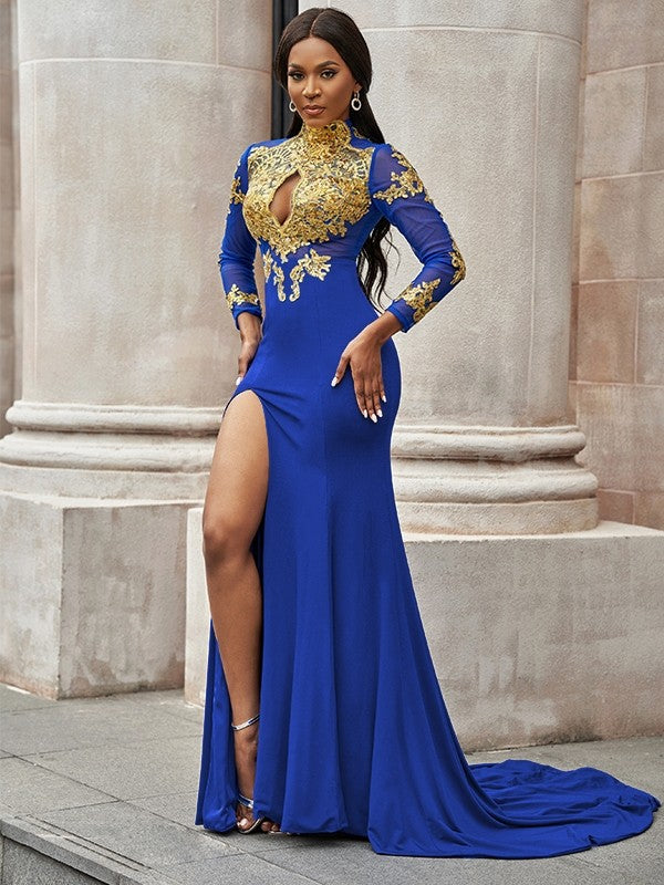 Mermaid High Neck Jersey Long Sleeve Train Dress - Chloe Dress