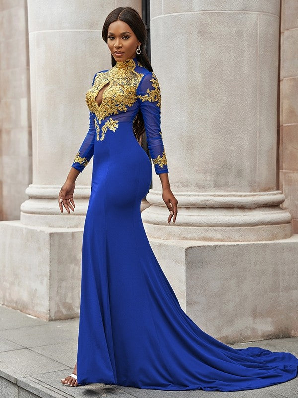 Mermaid High Neck Jersey Long Sleeve Train Dress - Chloe Dress