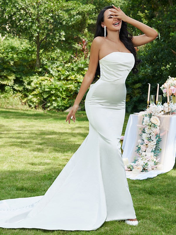 Mermaid Strapless Satin Sleeveless Train Wedding Dress - Chloe Dress