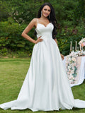 A-Line V-Neck Satin Sleeveless Train Wedding Dress - Chloe Dress