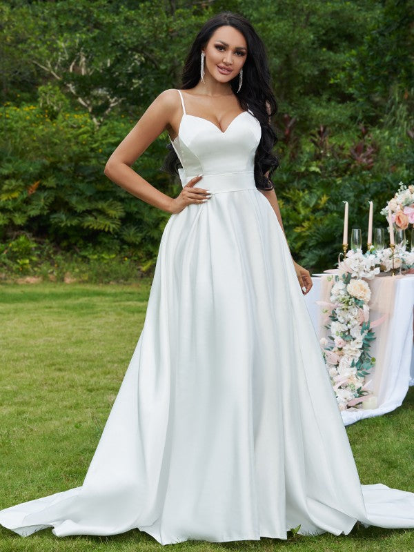 A-Line V-Neck Satin Sleeveless Train Wedding Dress - Chloe Dress