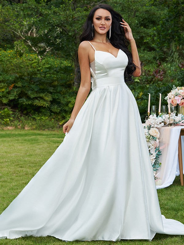 A-Line V-Neck Satin Sleeveless Train Wedding Dress - Chloe Dress