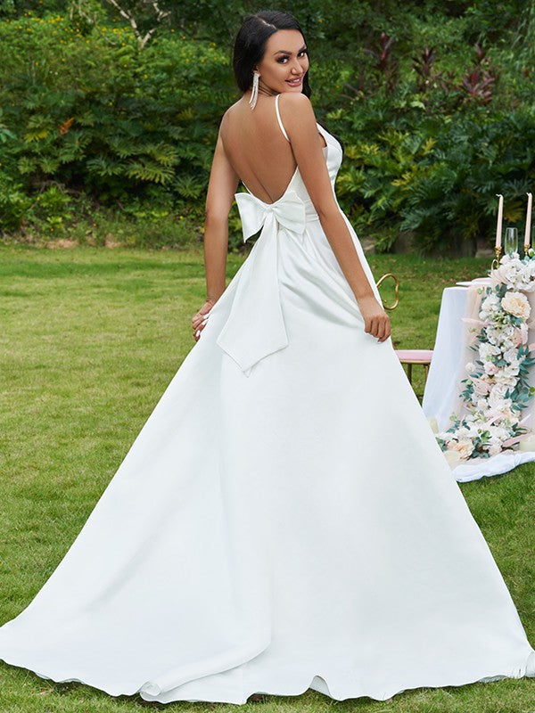 A-Line V-Neck Satin Sleeveless Train Wedding Dress - Chloe Dress