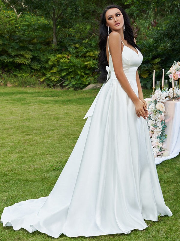 A-Line V-Neck Satin Sleeveless Train Wedding Dress - Chloe Dress