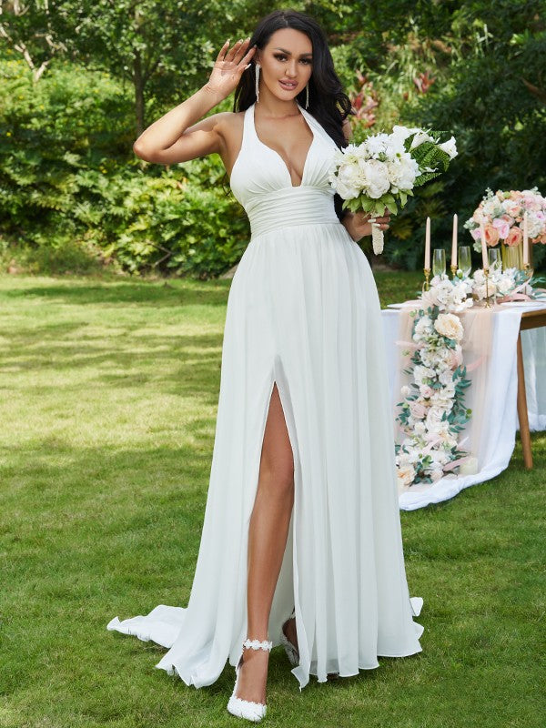 A-Line Halter Chiffon Sleeveless Ruffled Wedding Dress - Chloe Dress