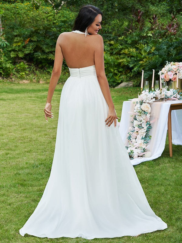 A-Line Halter Chiffon Sleeveless Ruffled Wedding Dress - Chloe Dress