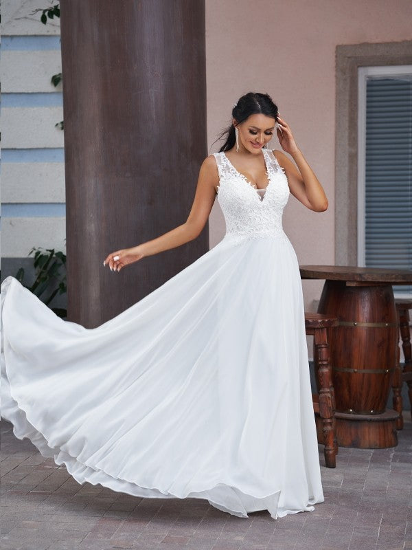 A-Line V-Neck Chiffon Sleeveless Floor-Length Wedding Dress - Chloe Dress