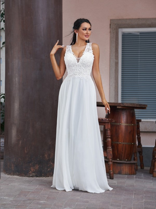 A-Line V-Neck Chiffon Sleeveless Floor-Length Wedding Dress - Chloe Dress