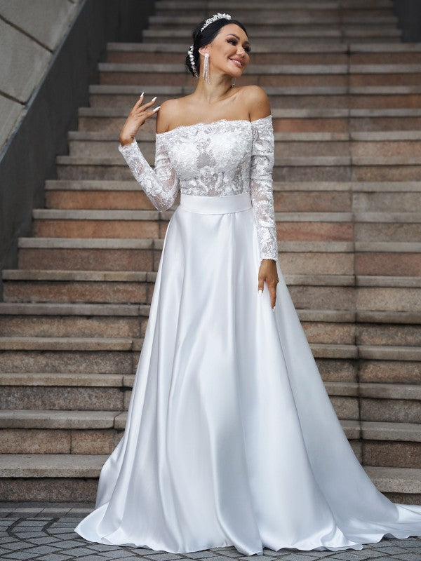 A-Line Satin Long Sleeve Train Wedding Dress - Chloe Dress