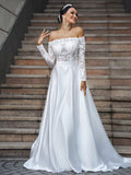 A-Line Satin Long Sleeve Train Wedding Dress - Chloe Dress