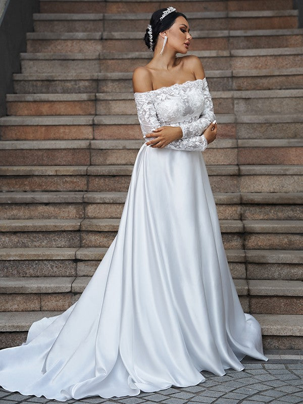 A-Line Satin Long Sleeve Train Wedding Dress - Chloe Dress