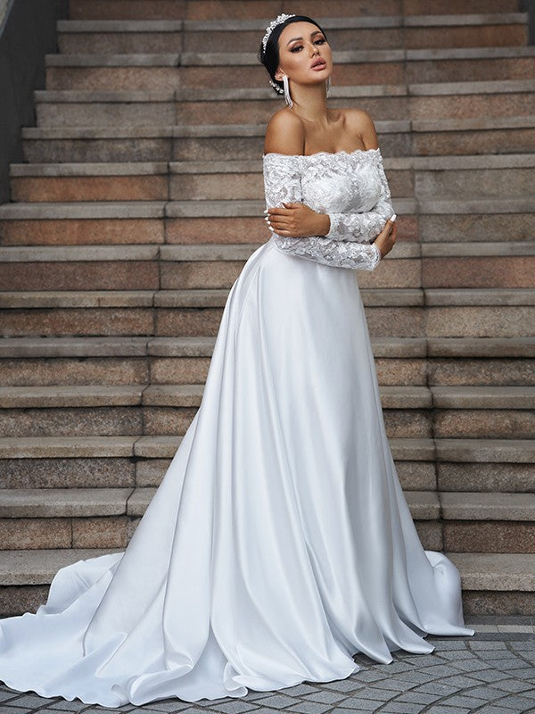 A-Line Satin Long Sleeve Train Wedding Dress - Chloe Dress