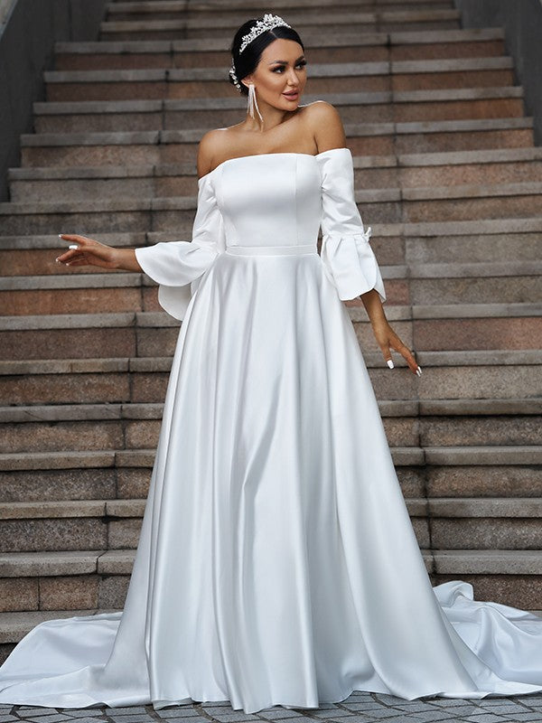 A-Line Three-Quarter Sleeve Ruffled Wedding Dress - Chloe Dress