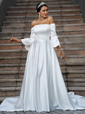 A-Line Three-Quarter Sleeve Ruffled Wedding Dress - Chloe Dress