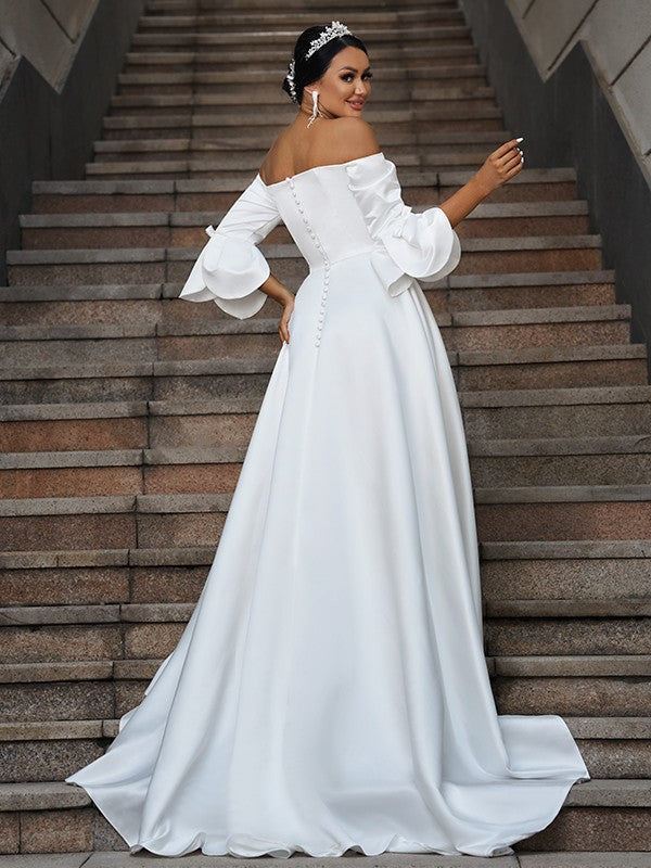 A-Line Three-Quarter Sleeve Ruffled Wedding Dress - Chloe Dress
