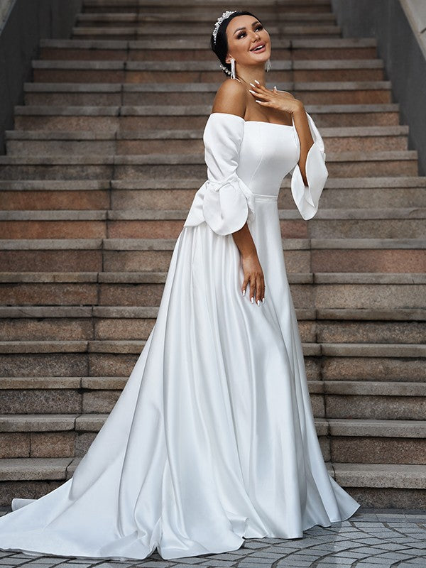 A-Line Three-Quarter Sleeve Ruffled Wedding Dress - Chloe Dress