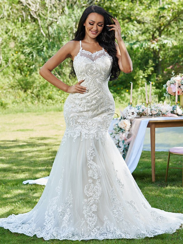 Mermaid Spaghetti Strap Lace Sleeveless Ruffled Wedding Dress - Chloe Dress