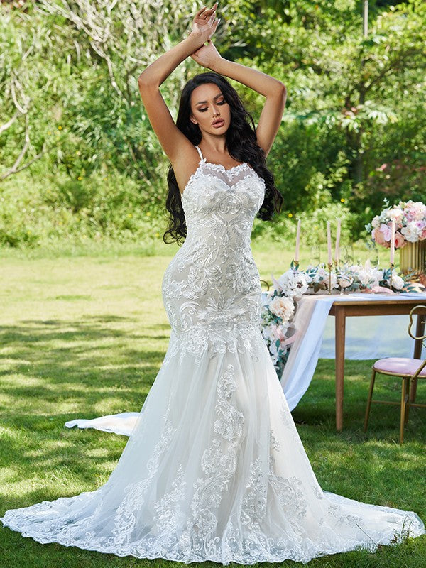 Mermaid Spaghetti Strap Lace Sleeveless Ruffled Wedding Dress - Chloe Dress