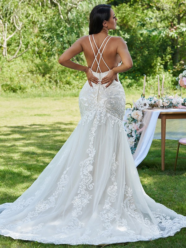 Mermaid Spaghetti Strap Lace Sleeveless Ruffled Wedding Dress - Chloe Dress