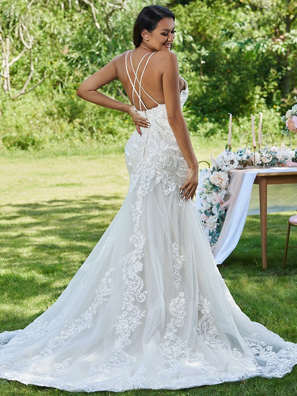 Mermaid Spaghetti Strap Lace Sleeveless Ruffled Wedding Dress - Chloe Dress