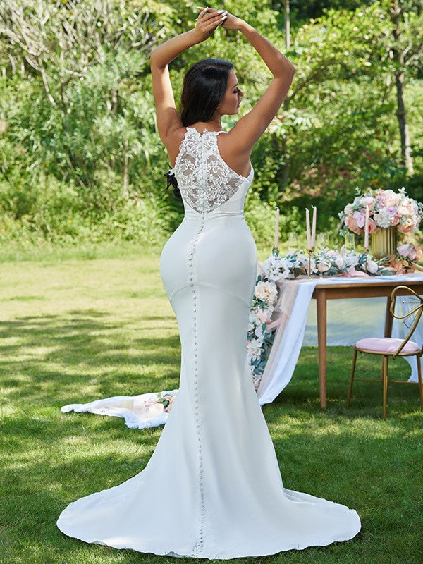 Sheath V-Neck Crepe Sleeveless Ruffled Wedding Dress - Chloe Dress