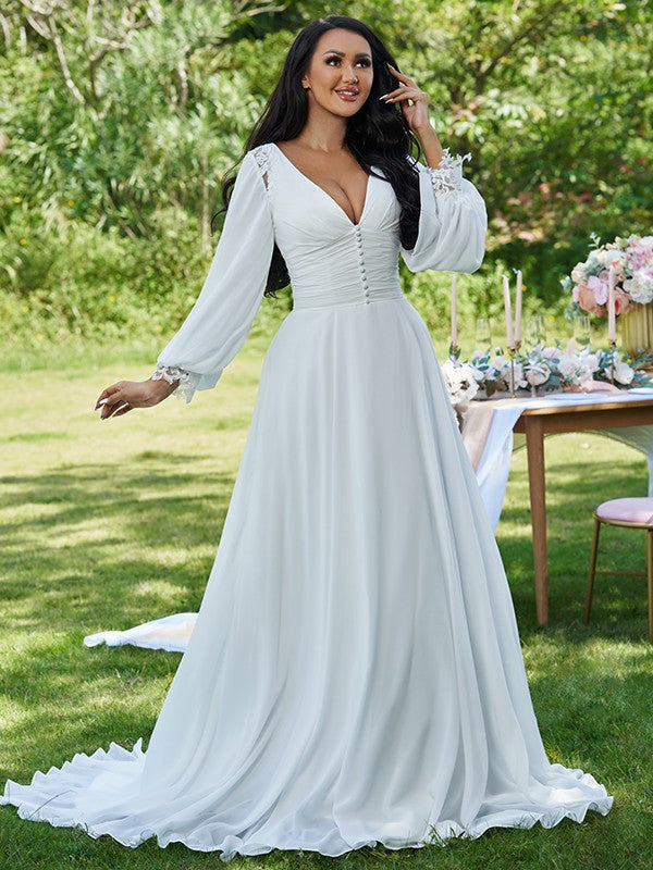A-Line V-Neck Chiffon Long Sleeve Ruffled Wedding Dress - Chloe Dress