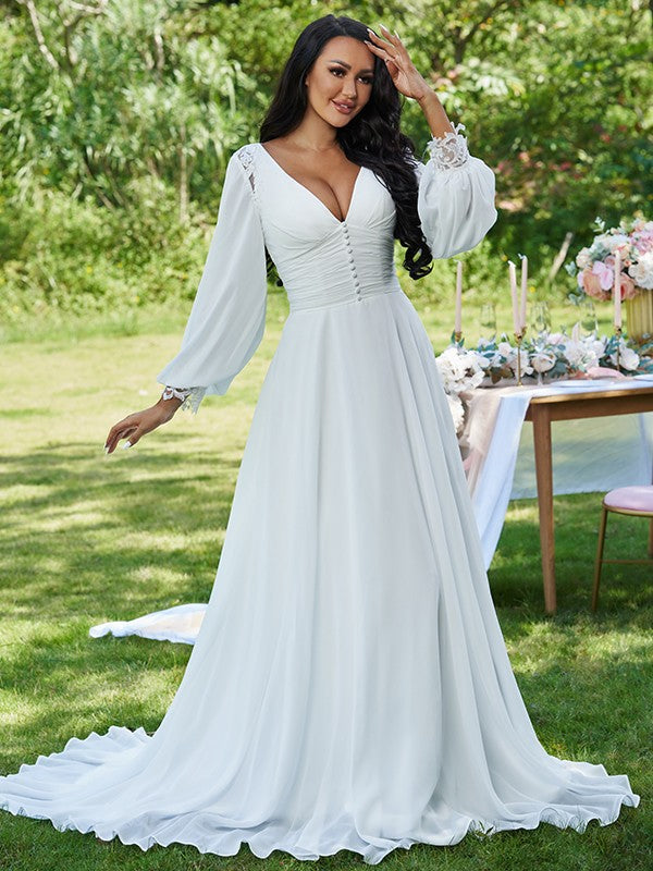 A-Line V-Neck Chiffon Long Sleeve Ruffled Wedding Dress - Chloe Dress