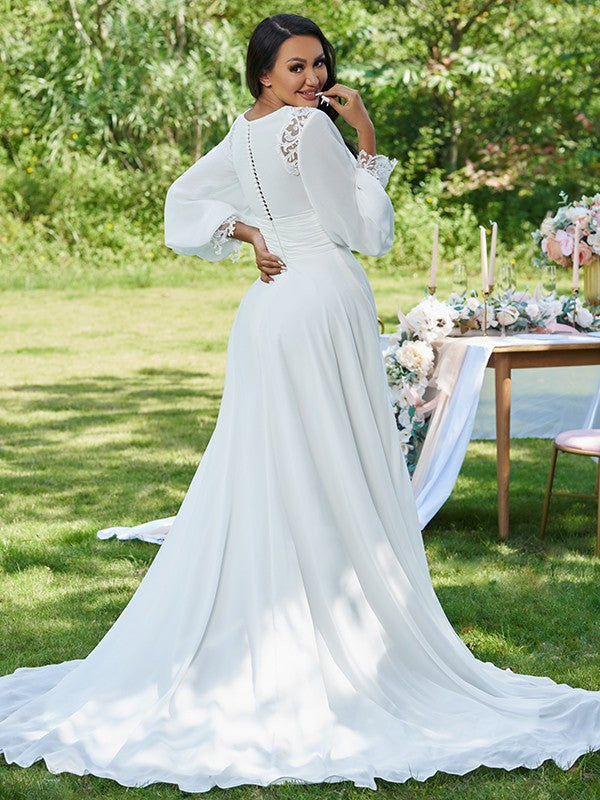 A-Line V-Neck Chiffon Long Sleeve Ruffled Wedding Dress - Chloe Dress