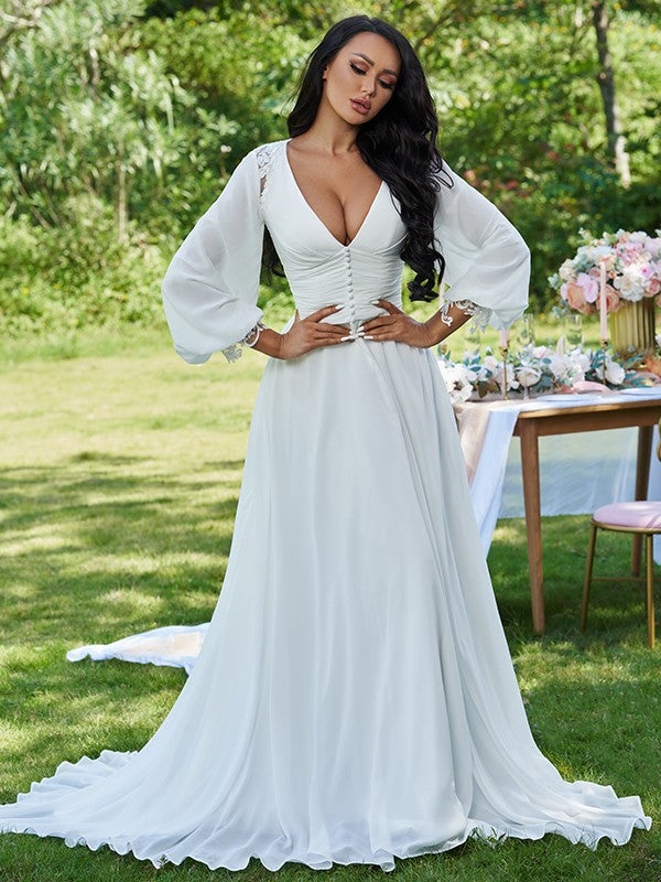 A-Line V-Neck Chiffon Long Sleeve Ruffled Wedding Dress - Chloe Dress